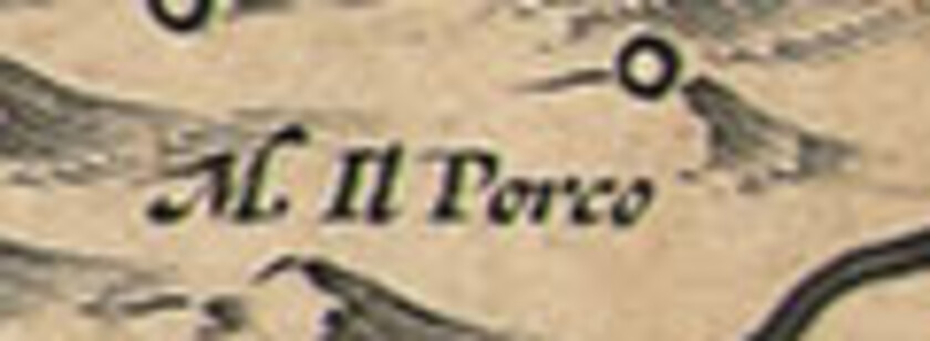 Ingrandimento fortissimo di due parole incise in corsivo su carta antica ingiallita: «M. Il Porco». Sopra, un piccolo cerchio vuoto, il segno che la carta usa per gli abitati minori. I contorni delle lettere sono sgranati per l'ingrandimento ma leggibili.