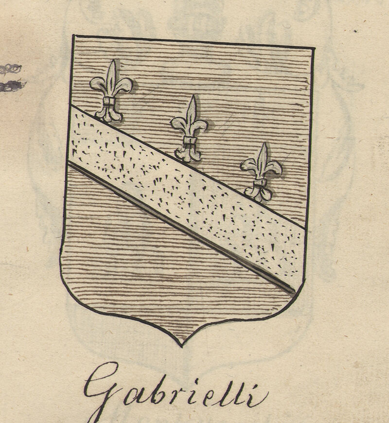 Disegno a penna di uno scudo interamente rigato in orizzontale, attraversato in diagonale da una banda lasciata bianca e coperta di puntini, accompagnata in alto da tre gigli bianchi disposti lungo la banda. Sotto lo scudo la scritta a penna «Gabrielli».