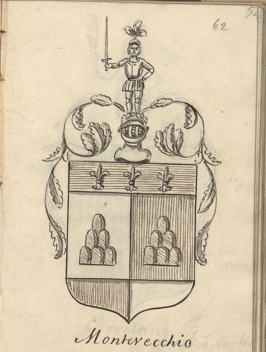 Disegno a penna di uno stemma. In alto uno scudo sormontato da un elmo con visiera a graticola e ampi svolazzi fogliati; sopra l'elmo, in piedi, un guerriero con corazza e gonnellino che tiene alta una spada nella destra e ha un pennacchio sull'elmetto. Lo scudo è diviso: una fascia in cima, rigata in orizzontale, con tre gigli allineati lasciati bianchi; sotto, due riquadri affiancati, ciascuno con un monte di sei cime — il riquadro di sinistra è bianco, quello di destra è rigato in verticale; in fondo una fascia divisa in due, la metà sinistra rigata in verticale e la destra bianca. Sotto lo scudo la scritta a penna «Montevecchio», e in alto a destra il numero 62.