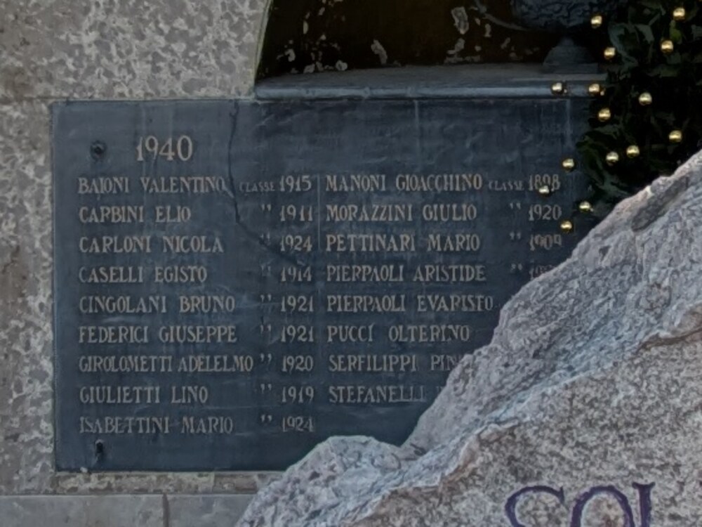 Lapide orizzontale scura con in alto a sinistra la data 1940 in cifre grandi; sotto, due colonne di nomi in maiuscolo, ciascuno seguito dalla parola «classe» e da un anno. La colonna di sinistra ha nove righe e sotto l'ultima la lapide continua vuota. Nella colonna di destra si leggono per intero i primi tre nomi con il loro anno; dal quarto in giù una pietra chiara e una corona d'alloro salgono da destra e coprono prima gli anni, poi la fine degli ultimi due nomi, poi tutto quello che ci sia sotto.