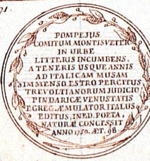 Medaglione a inchiostro bruno, numerato 91. Dentro una ghirlanda, dodici righe di maiuscole latine che cominciano con «POMPEJUS COMITUM MONTISVETERIS» e finiscono con «ANNO 1750. ÆT. 98».